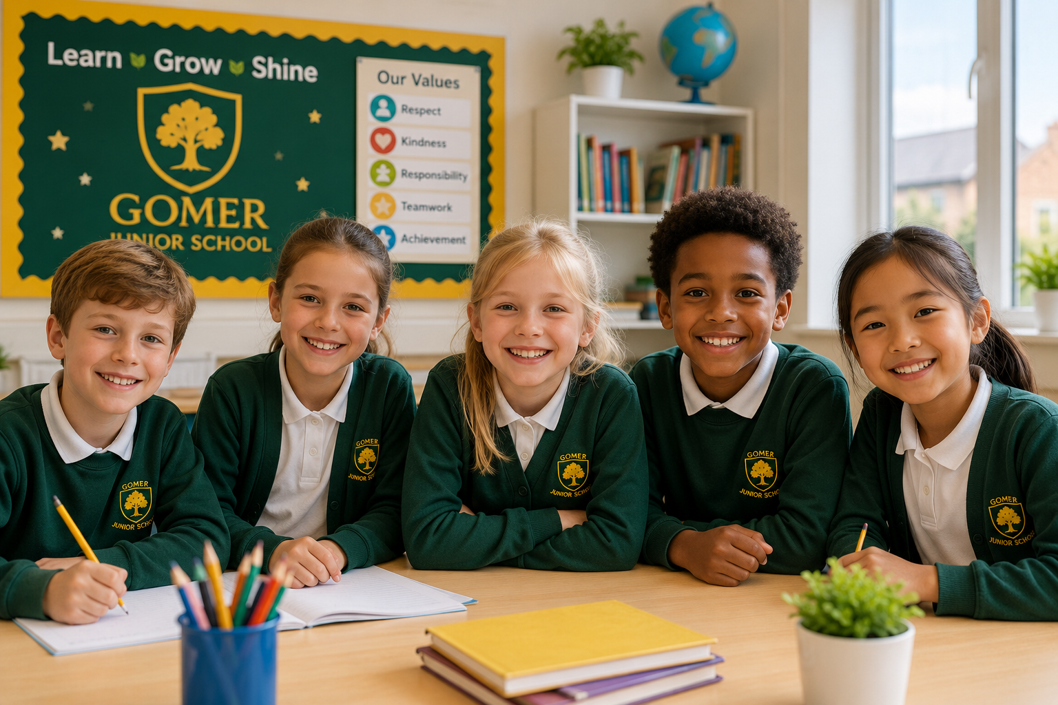 Happy primary school children learning together